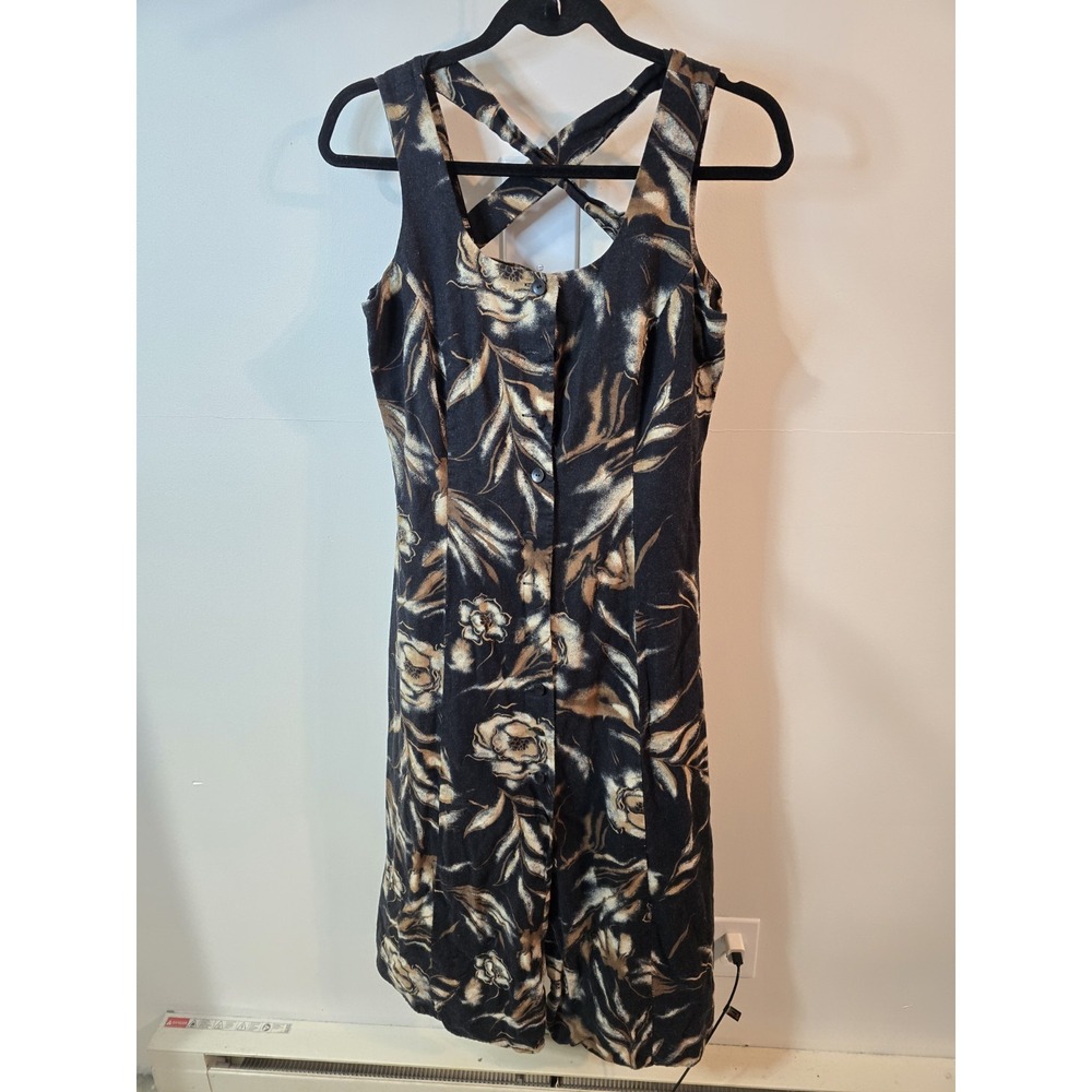 Vintage Linen Blend Midi Dress Size 8‎ Earth Tone Floral Button Front